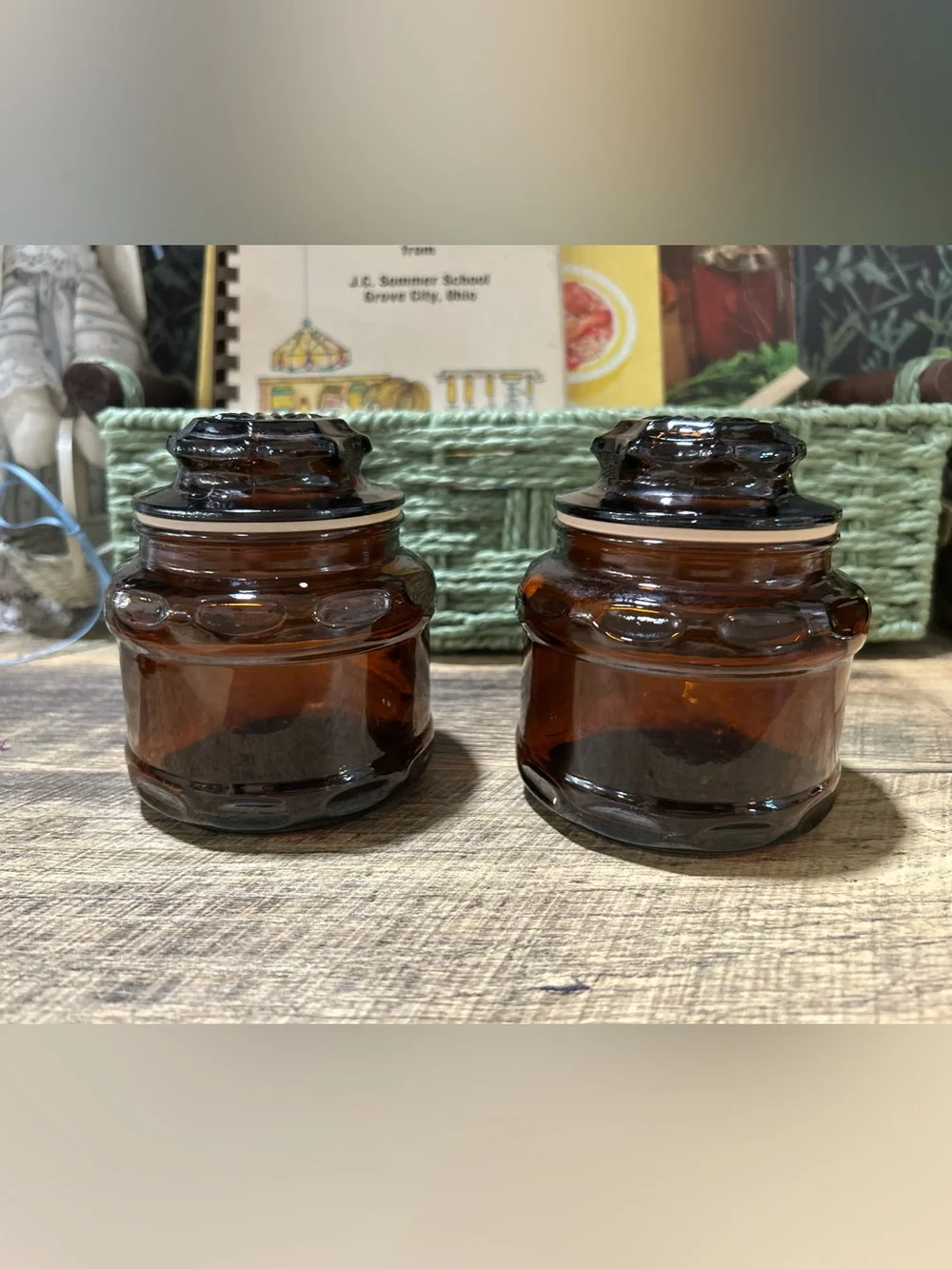 VTG Mid Century Amber Glass Apothecary Spice Jars Set of 2